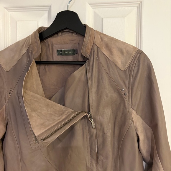 Mint Velvet Leather Moto Jacket Tan Beige Suede Panel Size US 10 - Picture 3 of 15